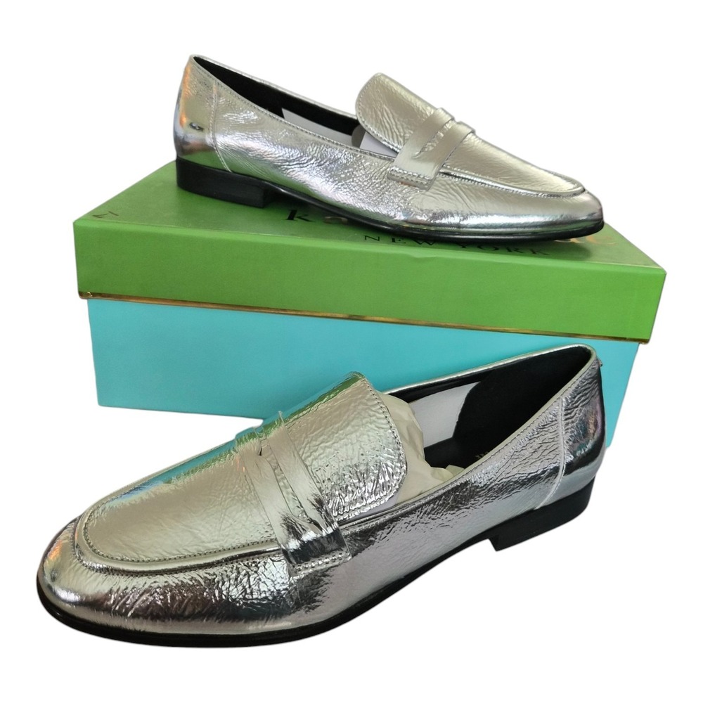 Kate Spade Genevieve Silver Metallic Loafers 8.5M Crinkle Leather Penny Slip On‎
